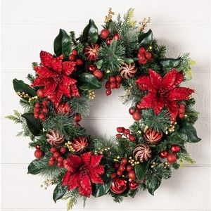 Balsam Hill Christmas Red Pointsettia Indoor/Outdoor Garland & Wreath